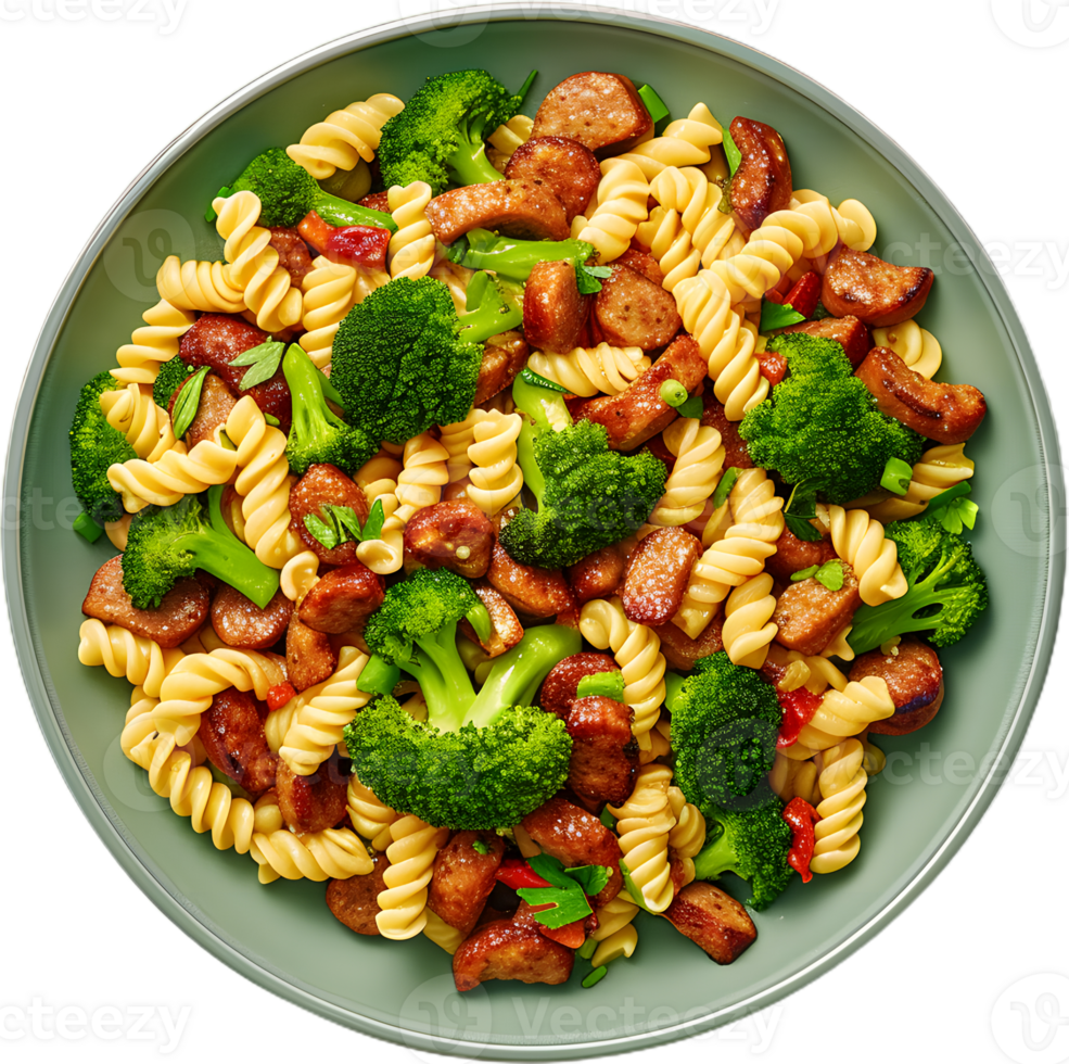 a bowl of pasta with broccoli and sausage in it png